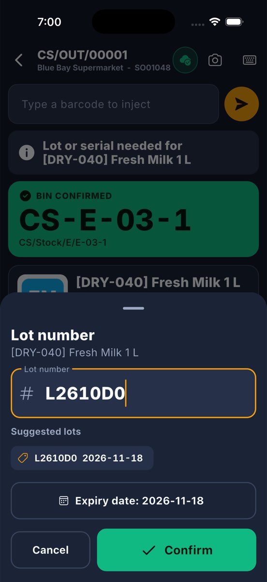 A lot-tracked product: the lot sheet lists the lots in the bin, the earliest expiry first; a GS1 barcode fills it by itself.