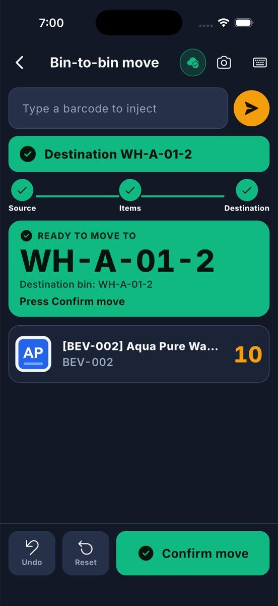 A bin-to-bin move: source, items and destination are done, and the move waits for Confirm move.