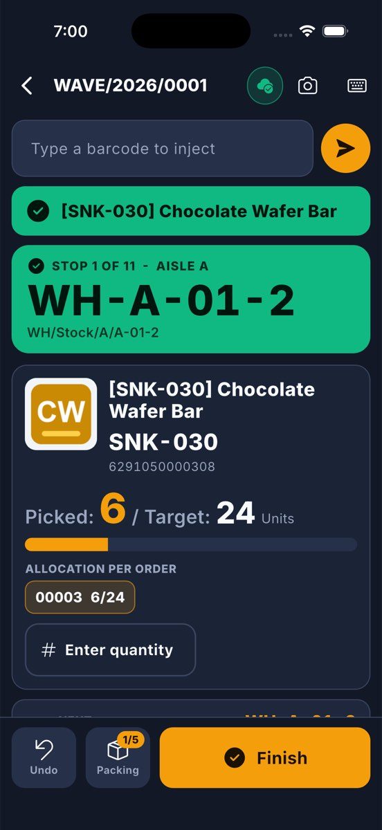 A wave on the scanner: stop 1 of 11, the bin in large letters, the product and its allocation per order, and the packing counter.