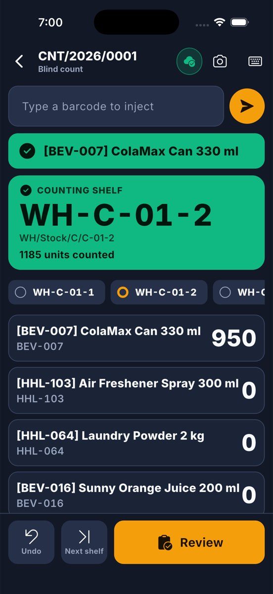 Counting a shelf blind: the shelf, the units counted, and the items scanned so far with their quantities; no expected quantity.