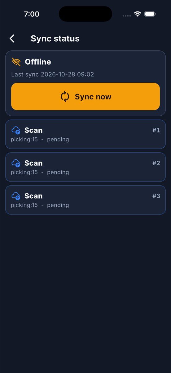The Sync status screen: queued operations, Sync now, and the retry and discard of issues.