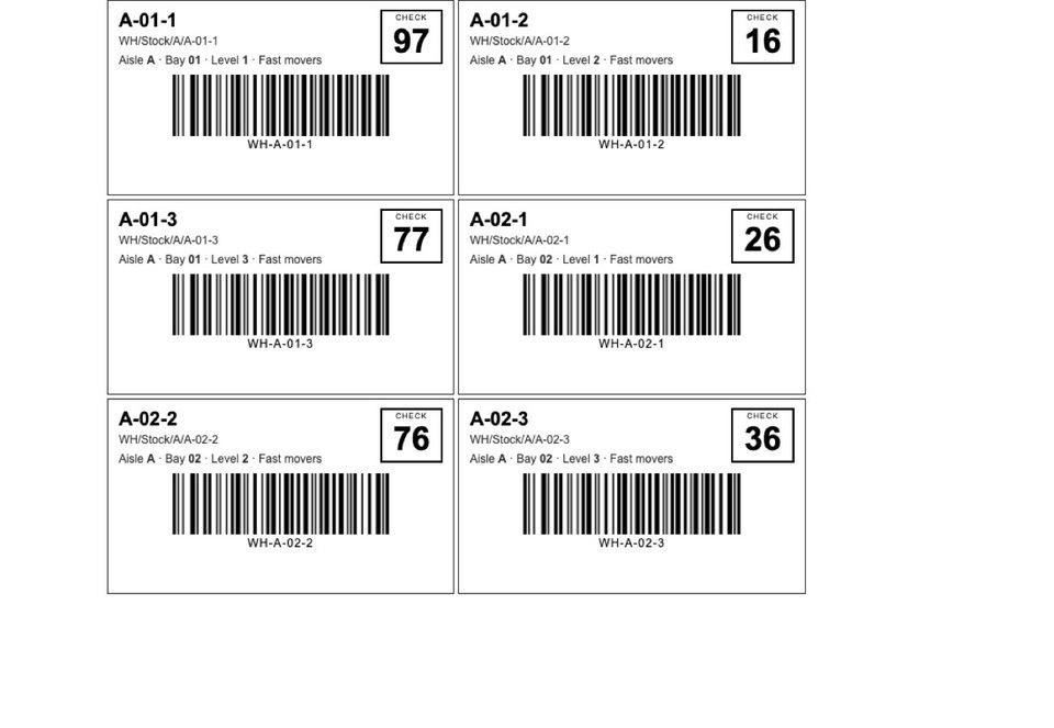 Bin labels with the Code 128 barcode and the check digits.