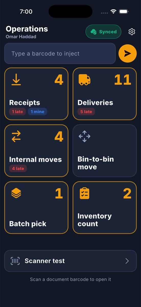 The operations menu: ready, mine and late per operation, the sync state and the Scanner test row.