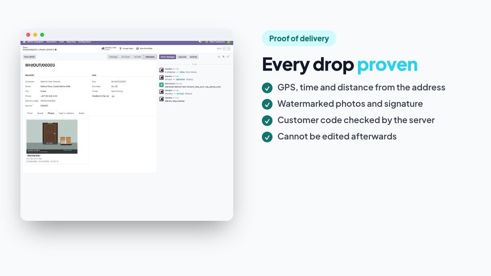 Proof of delivery in Odoo with signature, photos, GPS and OTP result