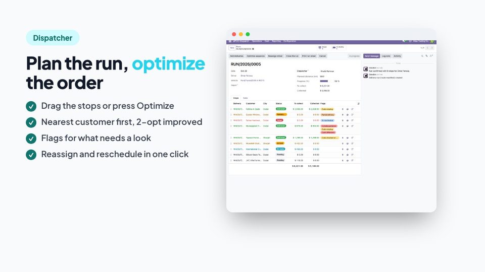 Delivery run in the Odoo back office with stop statuses