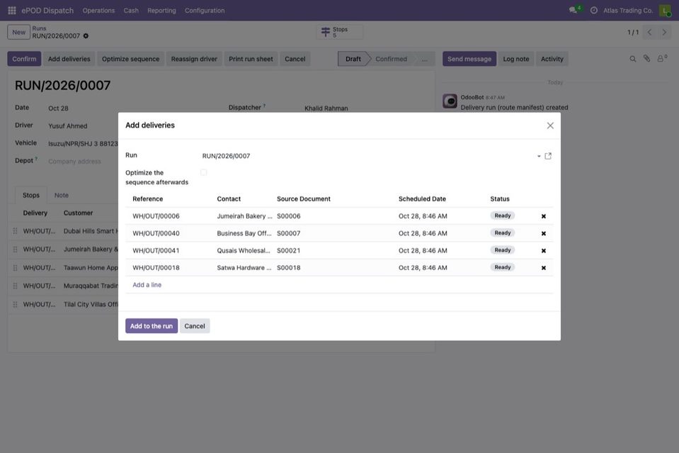 Adding delivery orders to a run.