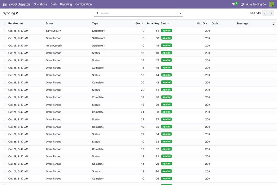 The sync log lists every operation received from the phones, applied or rejected, with the reason.
