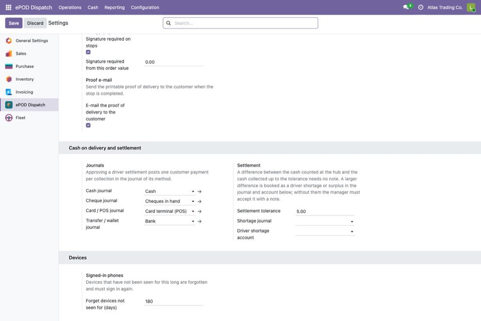 Cash on delivery and settlement settings.