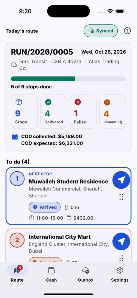 Today's run: progress, counts, the cash collected against the cash expected, and the stops in order.