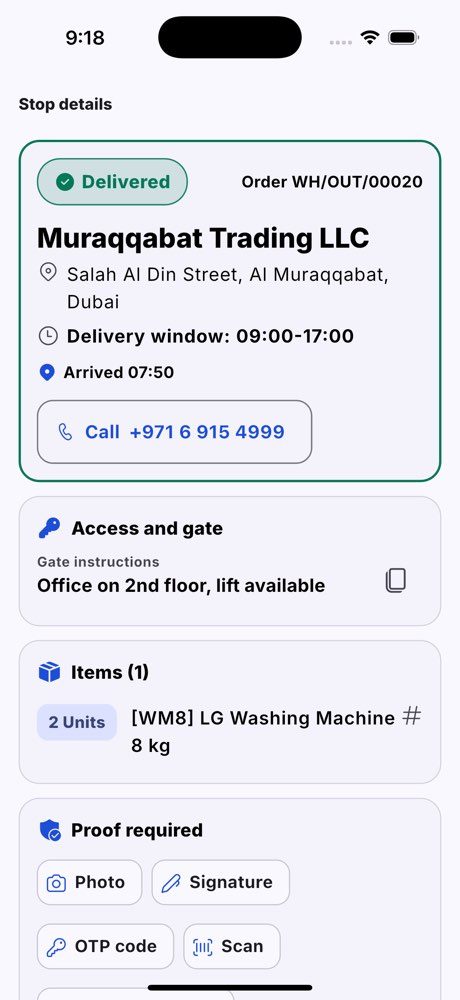 A stop: address, delivery window, call button, gate instructions, items and the proof it needs.
