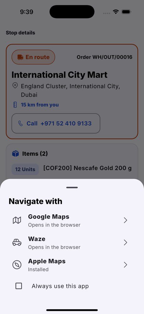 Navigate with: Google Maps, Waze or Apple Maps, and the option to always use one.