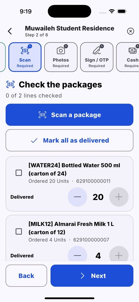 Step 2: check the packages, with the delivered quantity of every line.