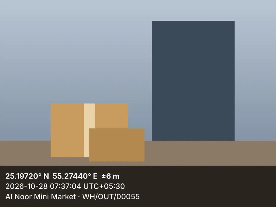 The photo with the live watermark: position, accuracy, time and delivery number.