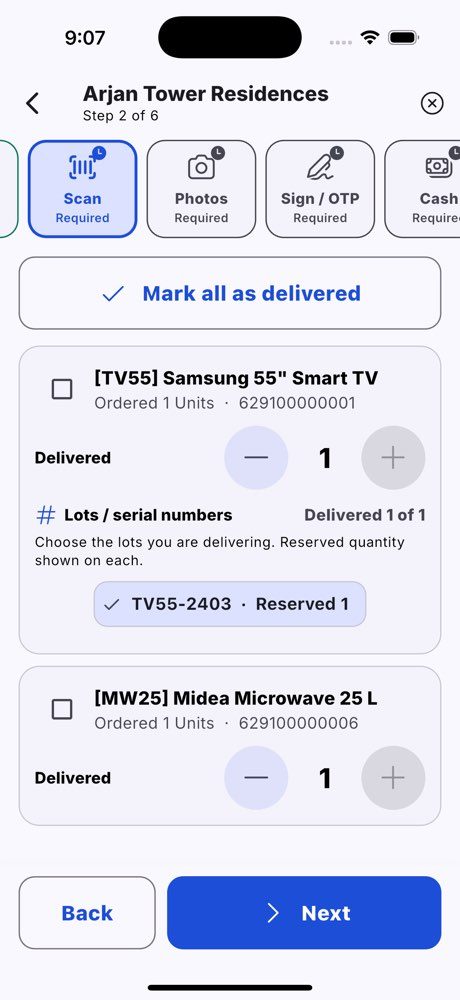 A serial-tracked line: the reserved serial number is offered, delivered 1 of 1.