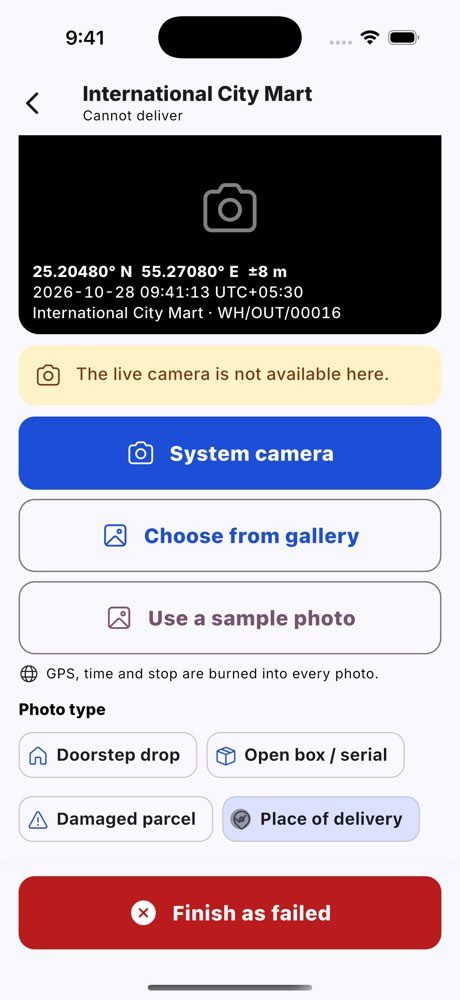 Cannot deliver: the reason, the photo (camera, gallery or sample) and Finish as failed.