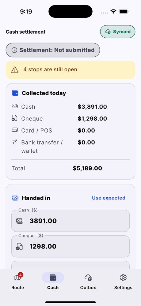 Cash settlement: collected today per method, and what the driver hands in.
