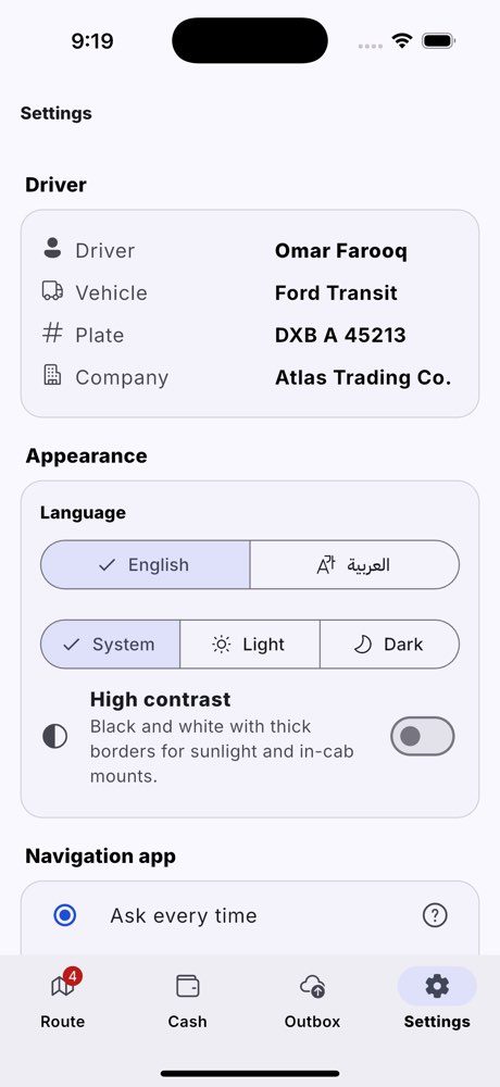 Settings: driver, language, theme, high contrast and the navigation app.