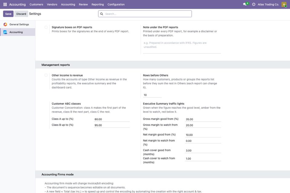 Settings, Accounting: the block Management reports under the Accounting Pro block, with Other income is revenue unticked, Rows before Others 10, Class A up to 8