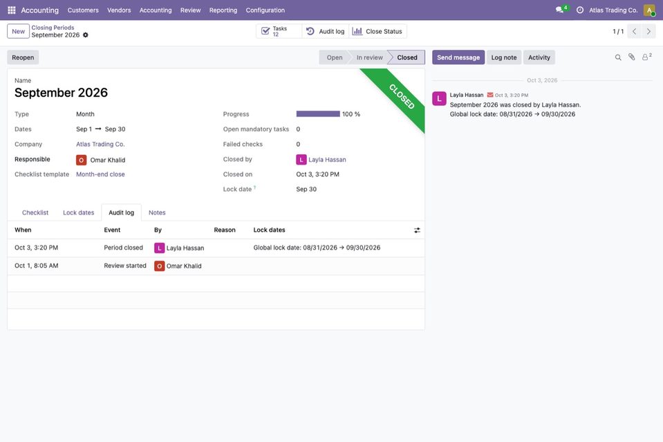 September 2026 closed by Layla Hassan on 3 October, lock date 30 Sep. The Audit log tab shows Period closed (Global lock date: 08/31/2026 → 09/30/2026) above Re