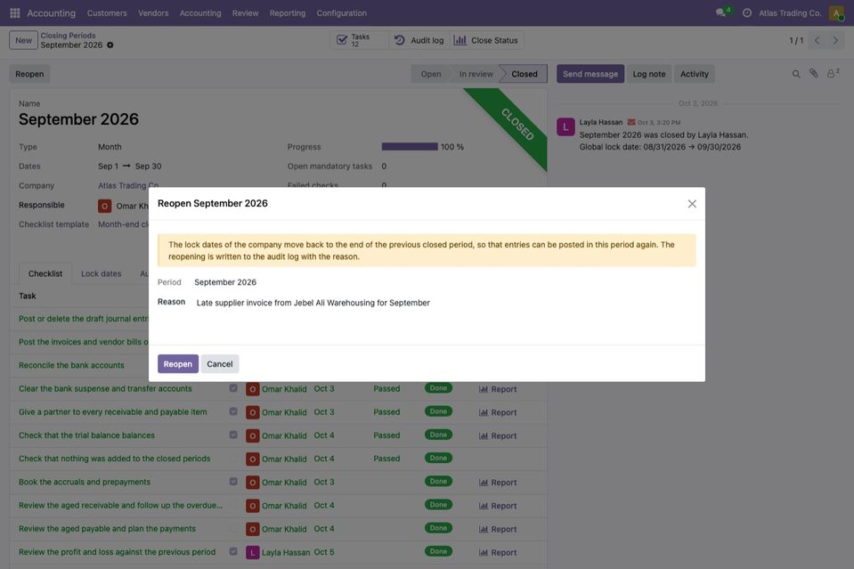 The dialog Reopen September 2026 with the reason Late supplier invoice from Jebel Ali Warehousing for September. Shown, not confirmed: September stays closed in