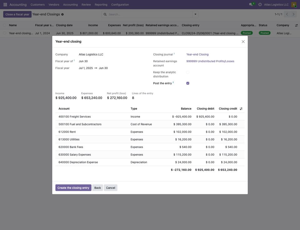 The preview for Atlas Logistics LLC, 1 July 2025 to 30 June 2026: income 925,400.00, expenses 653,240.00, net profit 272,160.00, 8 lines and each account with i