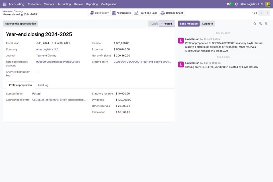 The year-end closing 2024-2025, posted, with the tab Profit appropriation: entry CLOSE/25-26/09/0001 of 25 September 2025, reserve 10,000.00, dividends 120,000.