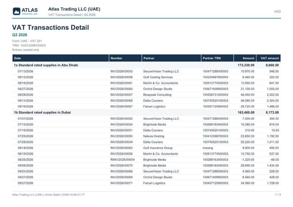 Page 1 of the PDF of the VAT Transactions Detail of Q3 2026: boxes 1a and 1b with their documents.