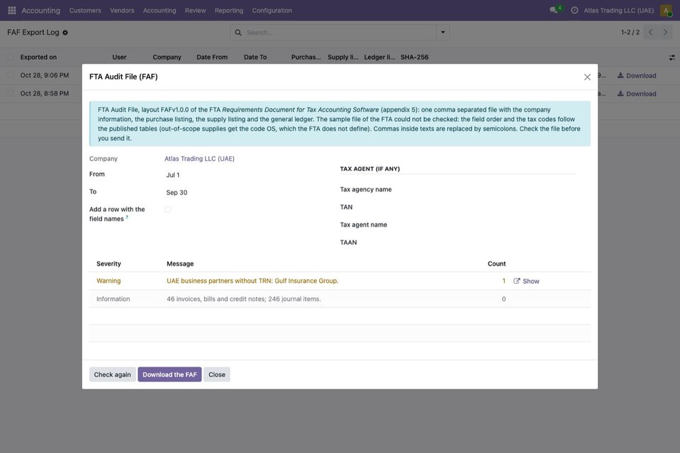 The FTA Audit File dialog for Q3 2026: the note on the layout, the period, the tax agent fields and the checks. One warning (UAE business partners without TRN: 
