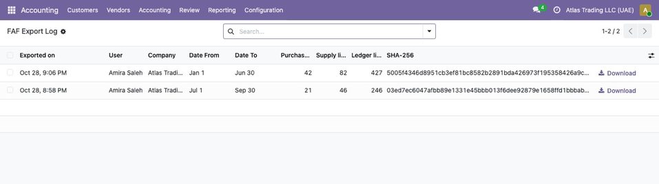 The FAF Export Log: the first half-year 2026 (Jan 1 to Jun 30; 42 purchase, 82 supply and 427 ledger lines) and Q3 2026 (21, 46 and 246 lines), each with its SH
