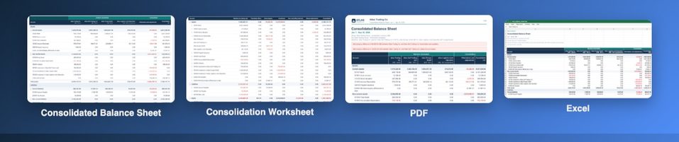 The add-on in four views: the Consolidated Balance Sheet and the Consolidation Worksheet on screen, the balance sheet as a PDF and as an Excel sheet.