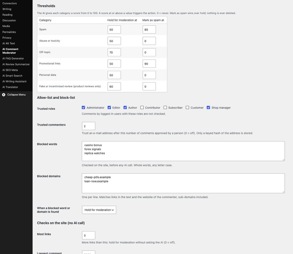 Mode, waiting rule and the thresholds per category.