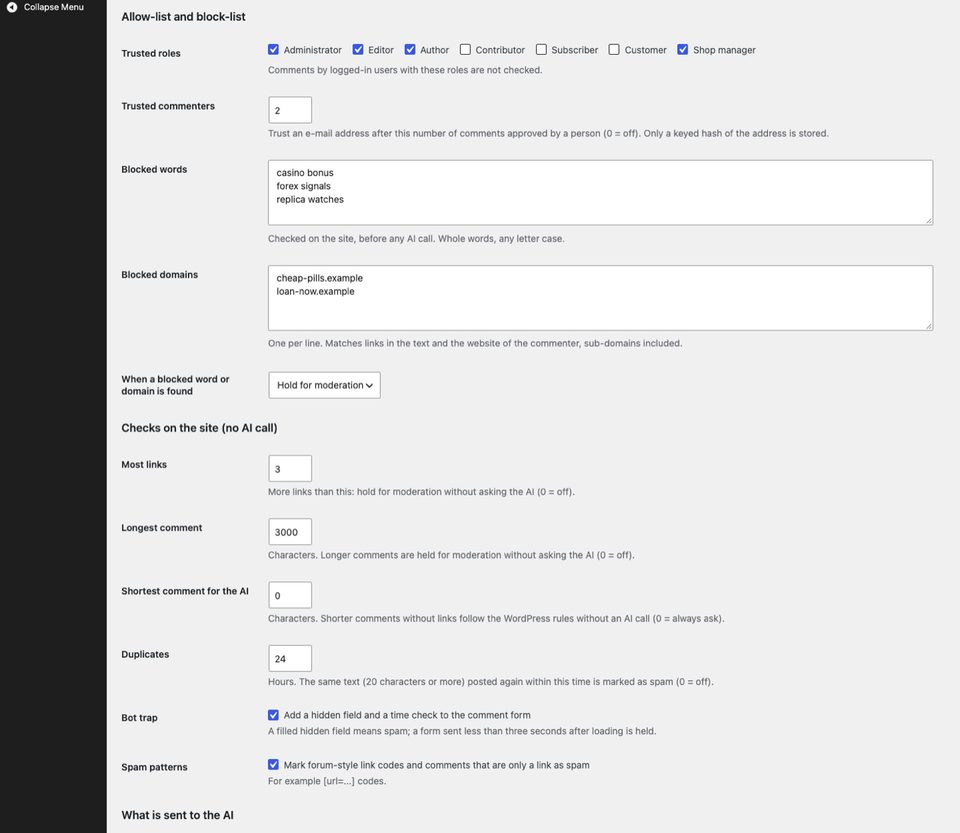 Trusted roles and readers, blocked words and domains, and the checks on the site.