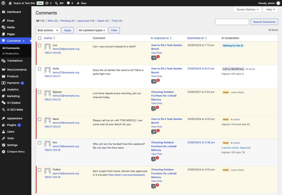 The verdict also appears in a column of the Comments screen.