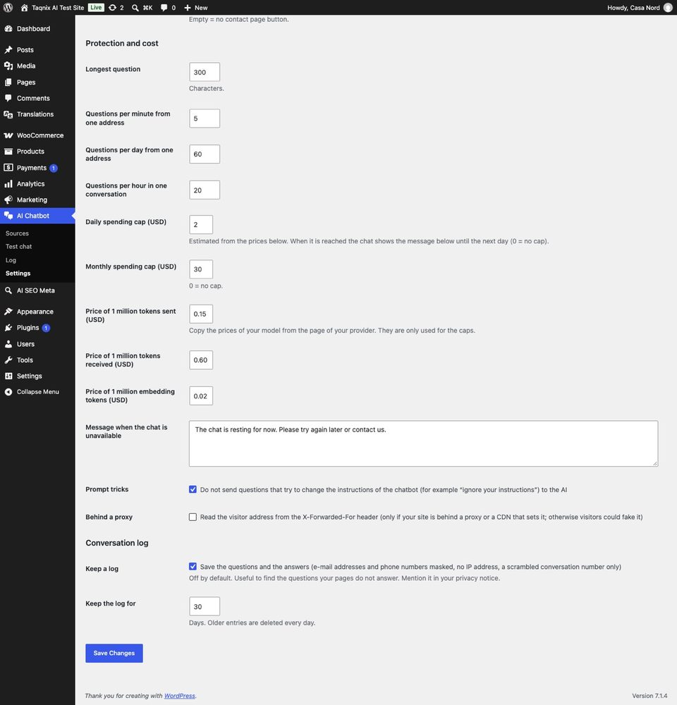 The protection and cost settings.