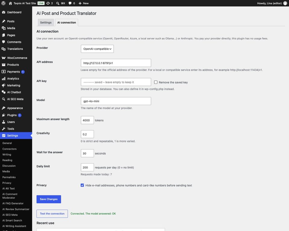 The AI connection tab after a successful test.