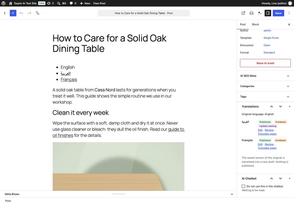 The Translations box in the block editor.