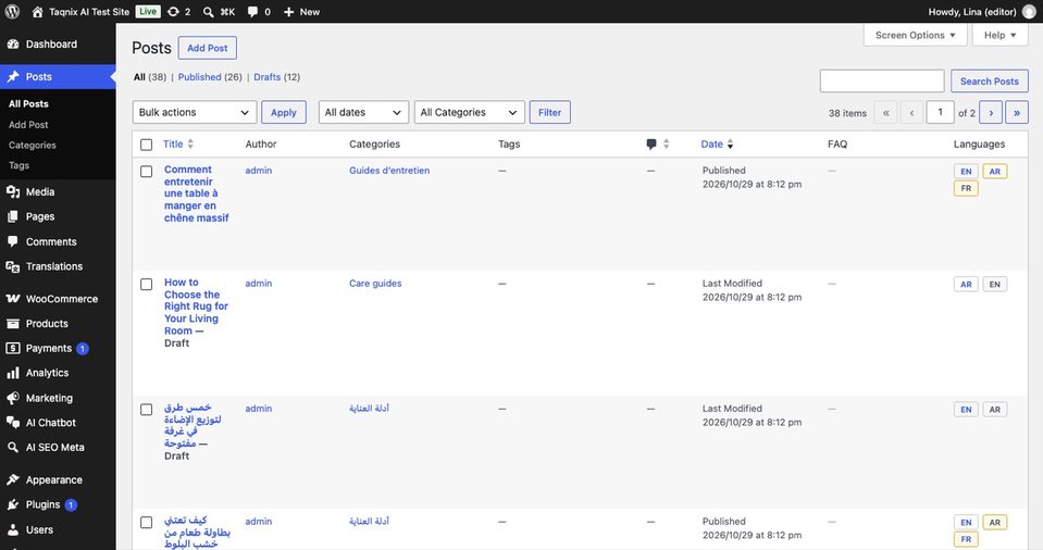 The Languages column of the posts list (an outdated translation is marked).