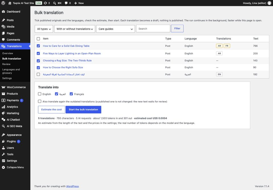 Items, languages and the estimate.