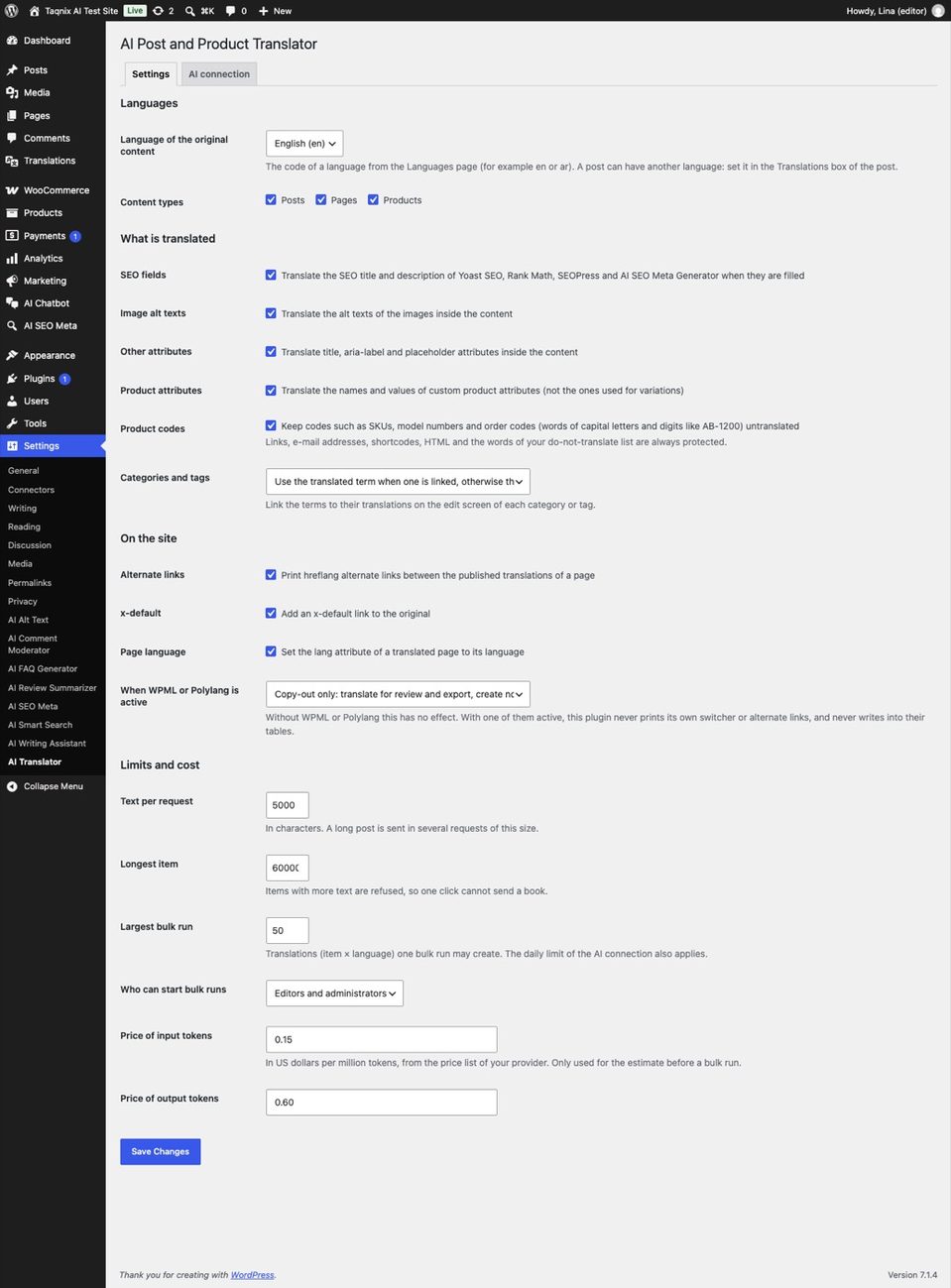 The settings tab.