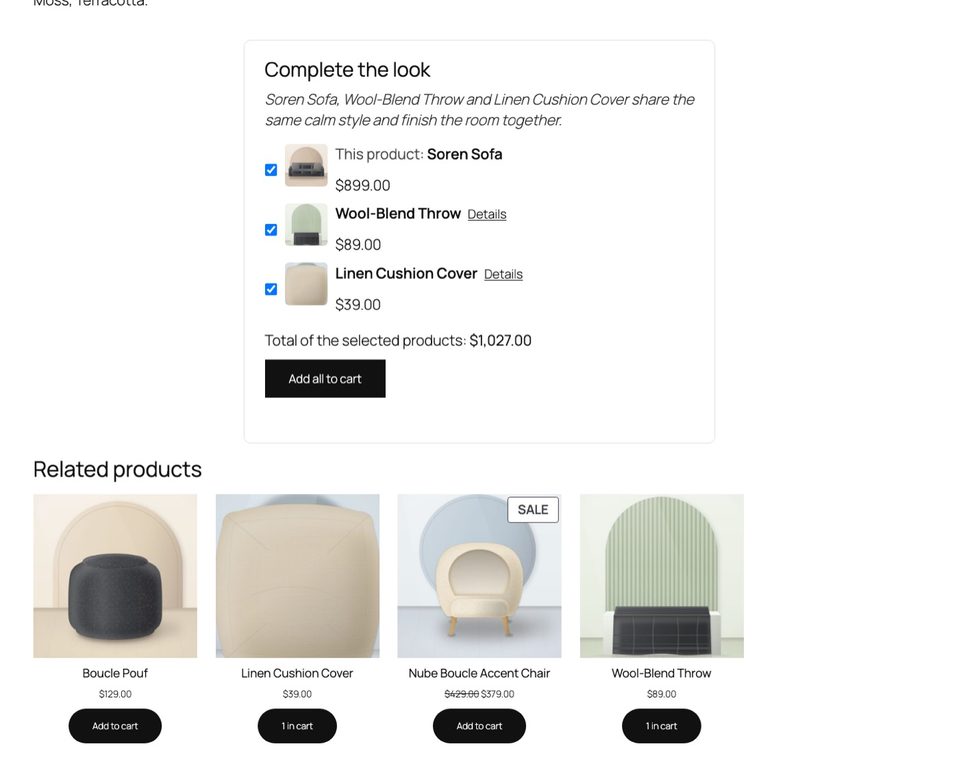 A product page: the bundle with the total and Add all to cart, then the related products.