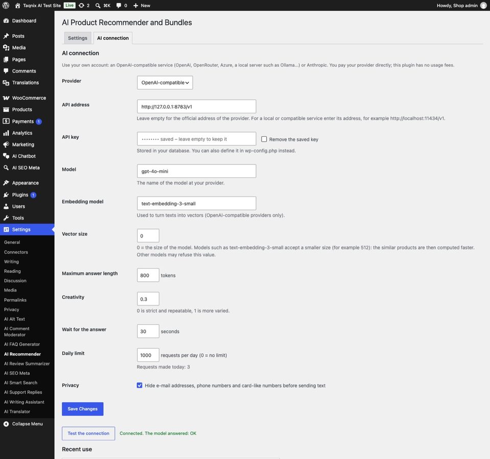 The AI connection tab after a successful test, with the embedding model and the vector size.