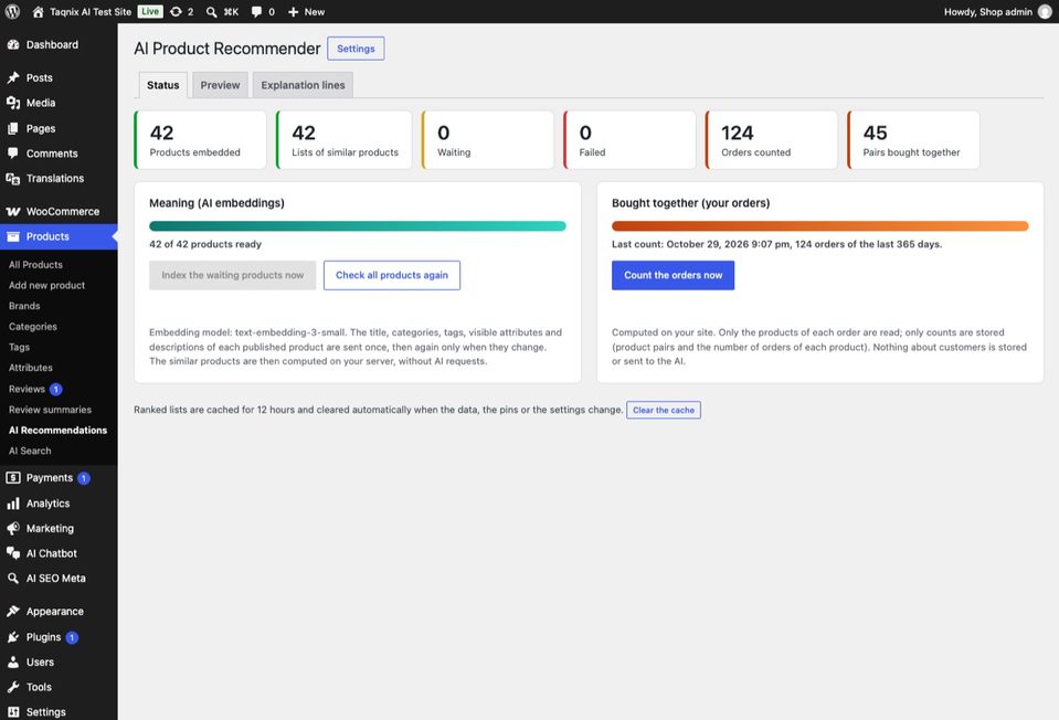 The Status tab: counters, the index and the bought-together count.