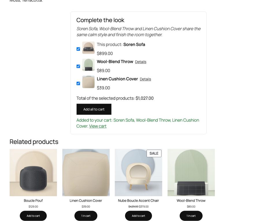 After Add all to cart: what was added, and a link to the cart.