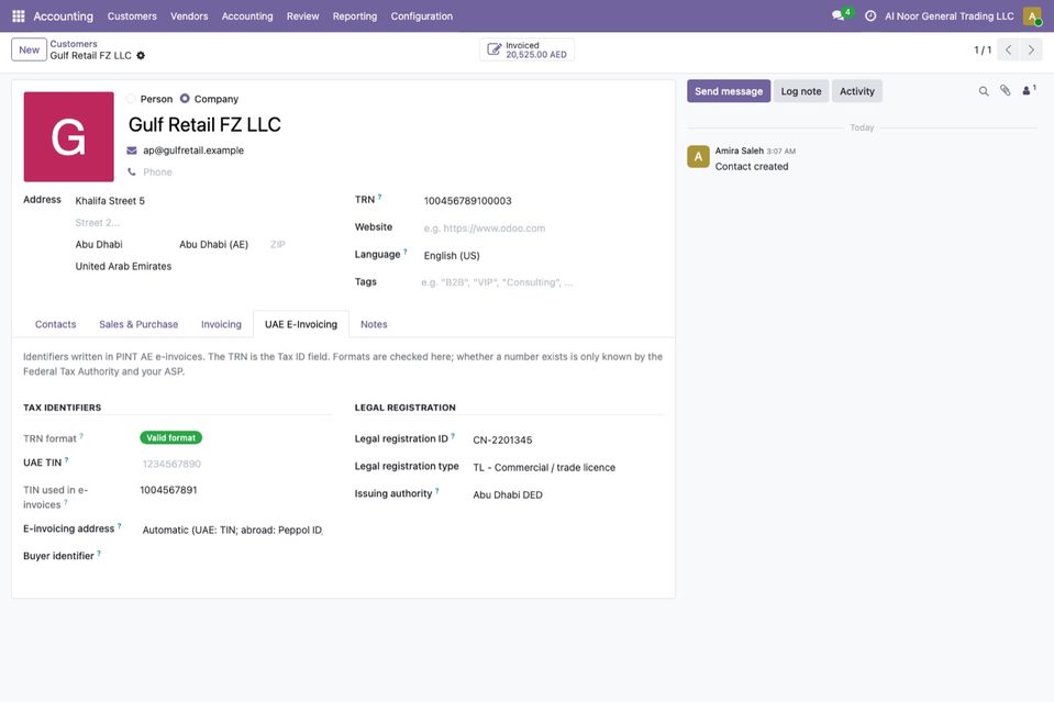 The tab UAE E-Invoicing of the customer Gulf Retail FZ LLC: TRN 100456789100003 with a valid format, the TIN used in e-invoices 1004567891 (the first 10 digits 
