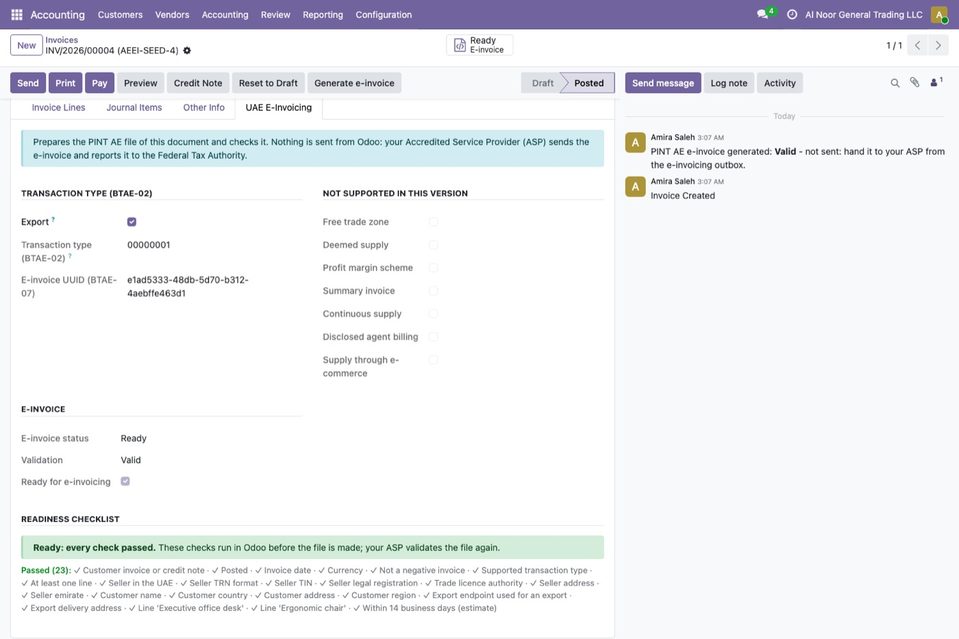 The export invoice INV/2026/00004 to Northwind Imports Inc. (USD): Export ticked, transaction type 00000001, its UUID, status Ready and Valid, and the green lin