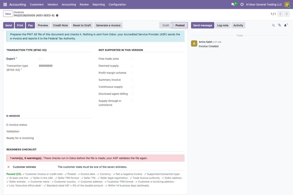 INV/2026/00008 to Falcon Logistics FZE: one error, Customer emirate (the customer state must be one of the seven emirates), listed before the 22 checks passed. 