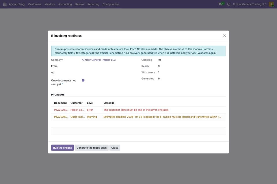 The readiness check of Al Noor General Trading LLC, all dates, documents not sent yet: 10 checked, 9 ready, 1 with errors. INV/2026/00008 (Falcon Logistics FZE)
