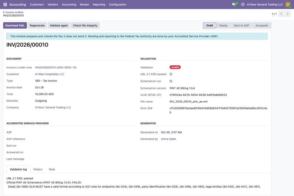 INV/2026/00010 to Al Wasl Hospitality LLC: Invalid and back in Draft. The XSD passed; the official Schematron (PINT AE Billing 1.0.4) failed on rule ibr-068 bec