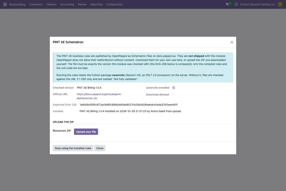 The dialog PINT AE Schematron: the note that the files are not shipped, the checked version PINT AE Billing 1.0.4, the official address, the expected SHA-256, s