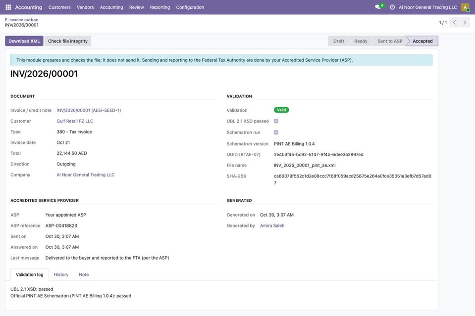 INV/2026/00001 to Gulf Retail FZ LLC, 22,144.50 AED: Accepted. Valid, XSD passed, Schematron PINT AE Billing 1.0.4, its UUID, the file INV_2026_00001_pint_ae.xm